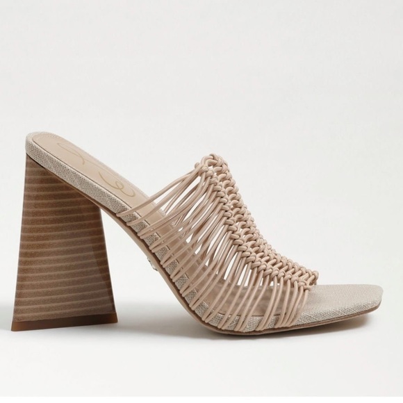 Sam Edelman Laurette block heels mule slip on sandals Sz 8 1/2 Almond Bungee new - Picture 2 of 12